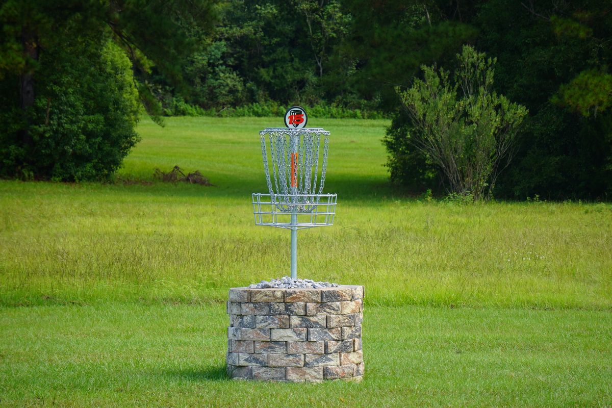Hole 15’s iconic green and basket