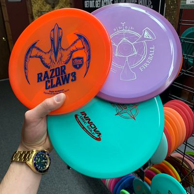 Discs by Innova: Dynamic, Westside, Latitude 64, MVP, Axiom, Streamline, and Discmania available.