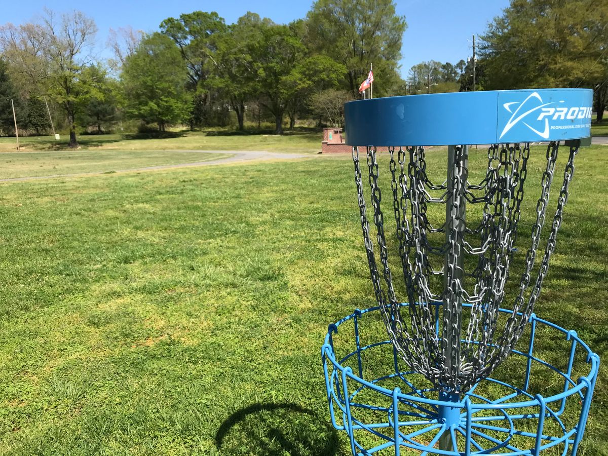 No. 9 basket. Next tee pad straight ahead past Veterans Memorial.