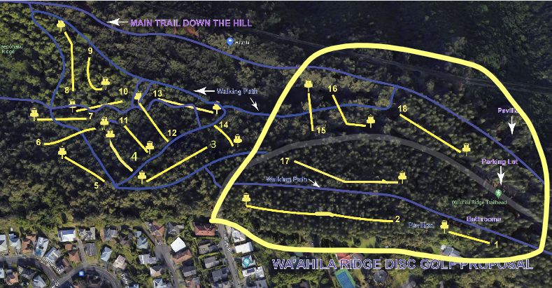 The official layout provided by HDG.  Holes 1-6, 11, 15-18 have baskets installed.  Blue lines are the trails you will need to get around.