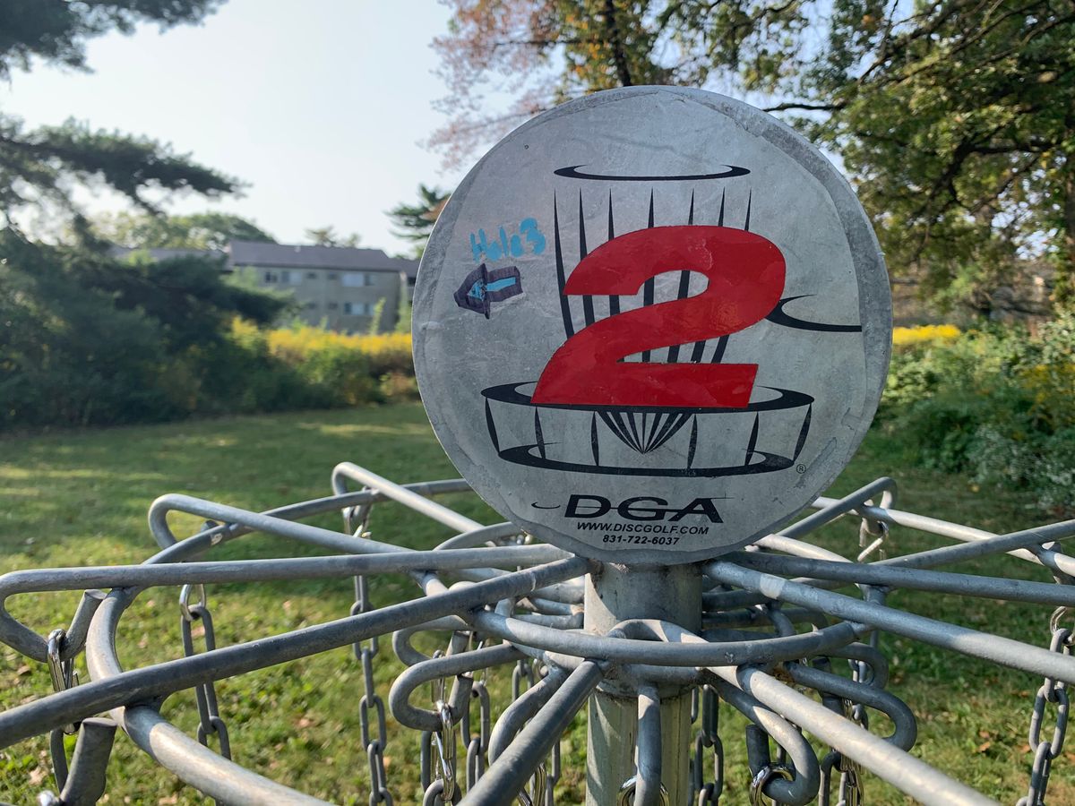 Hole 2 basket. Head left over a small bridge
