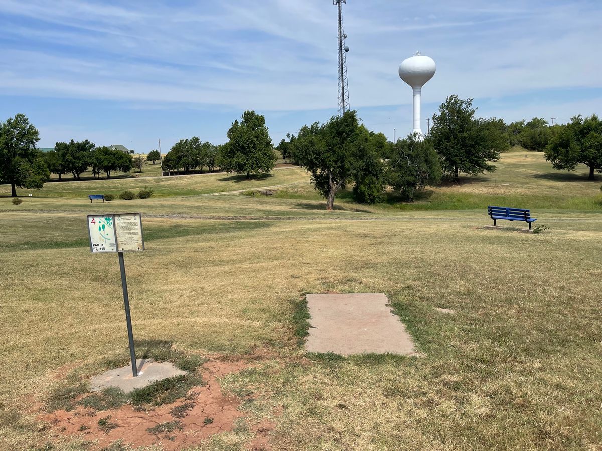 Hole 4 - 315ft Par 4. Blind basket on the hillside behind the creek and a few trees.