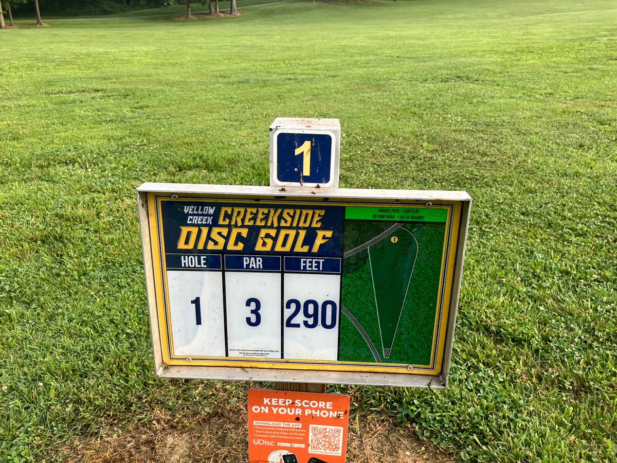 Hole 1 tee sign.