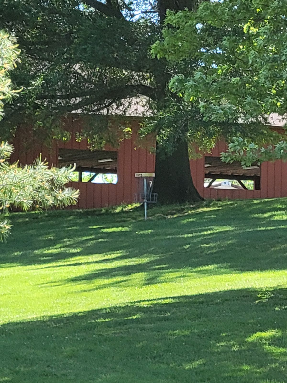 3 basket, tucked under tree at the top of the hill.