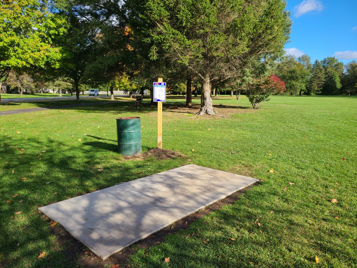 New tee pads in Oct 2021. This picture shows the entire hole #1 (basket is in background).