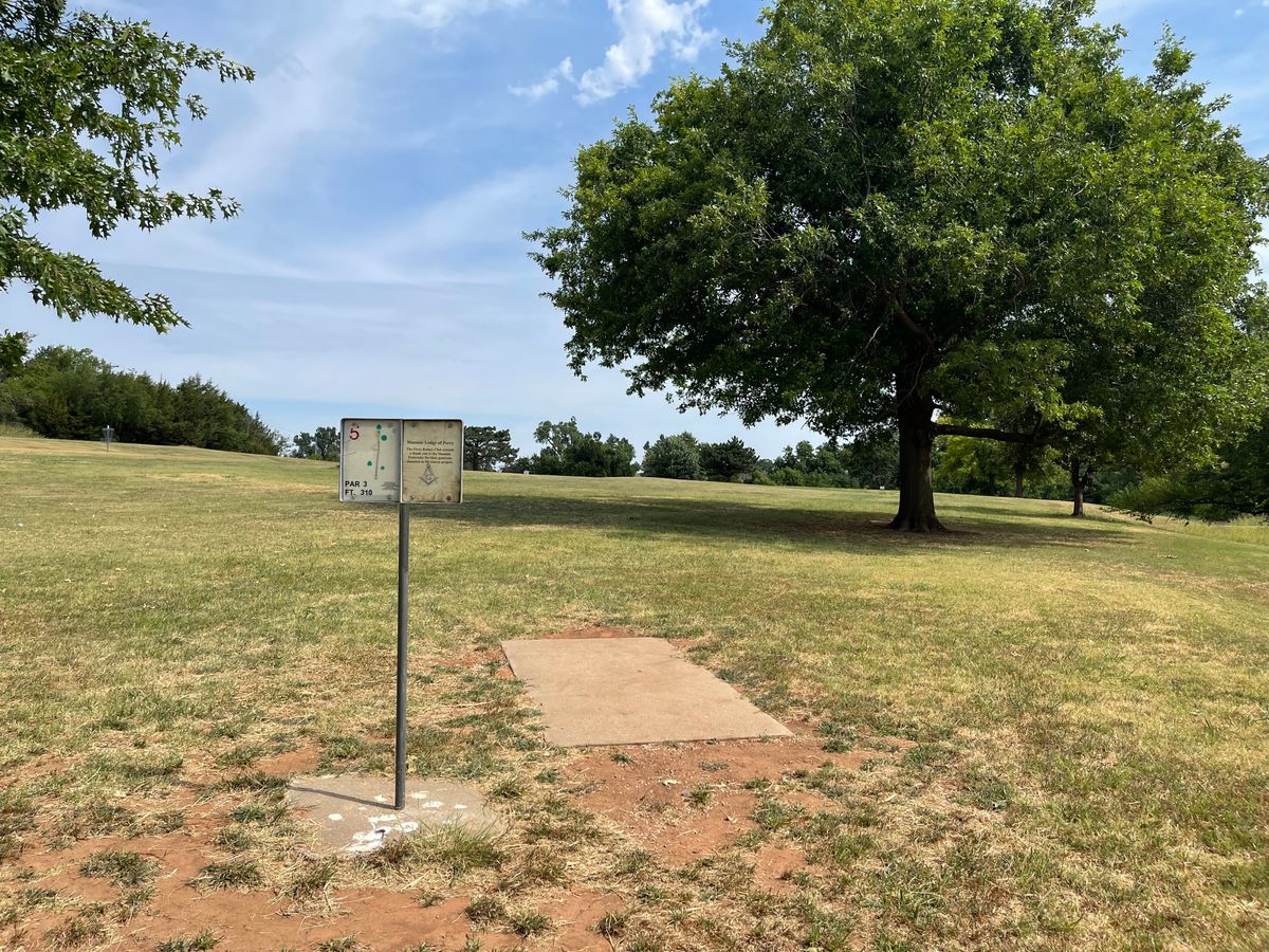 Hole 5 - 310ft Par 3. Pretty straight with a tree just off the front-right side of the tee pad.