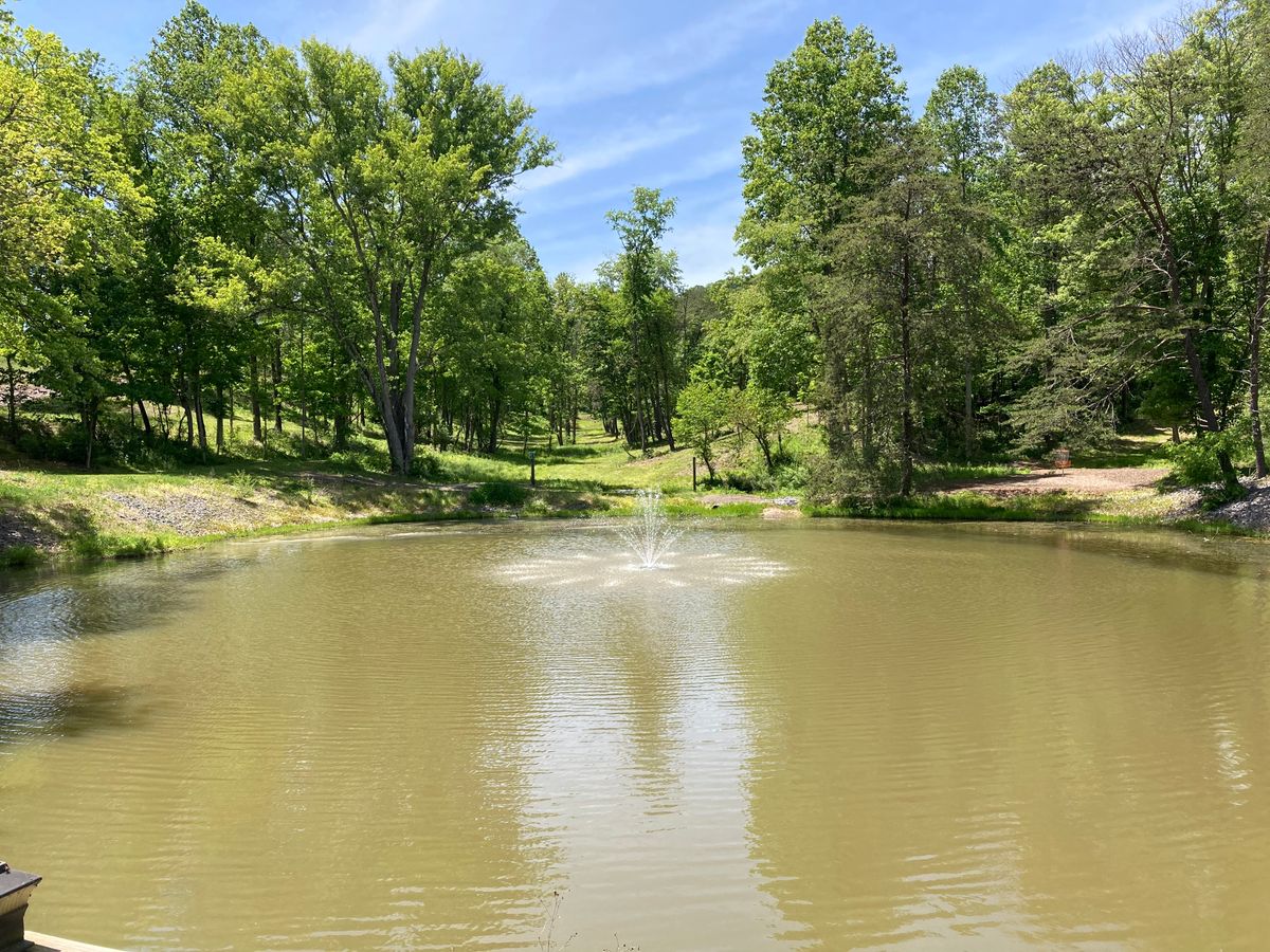 Start of the course. Hole 9 plays down the hill toward the right of the pond. Hole 1 tee is on left.