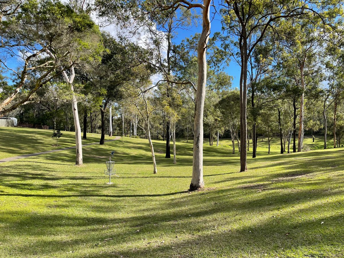 A small but picturesque course. The view from the parking area looking at the basket for hole 9