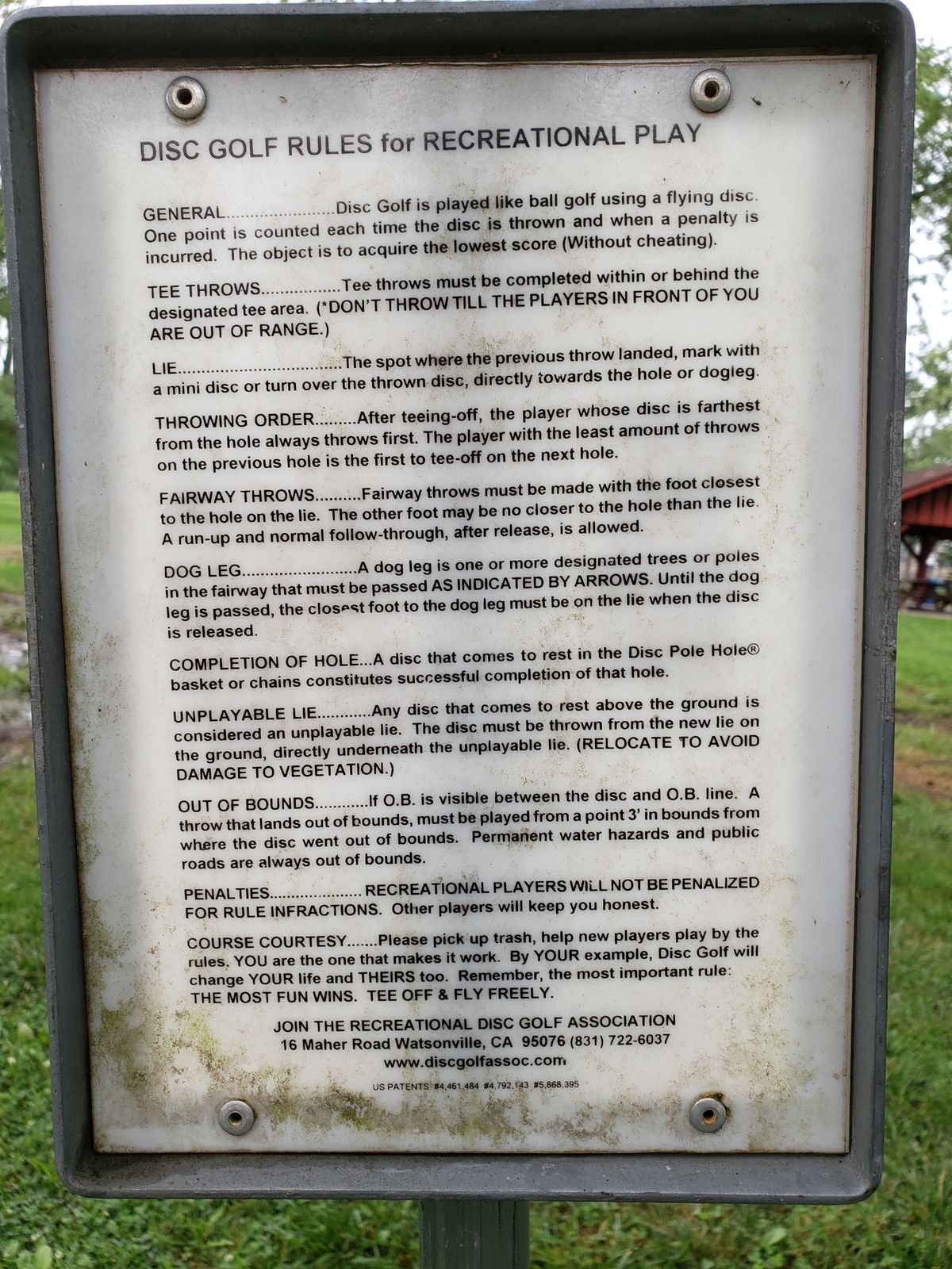 Disc Golf rules sign near #1 Tee-Pad.