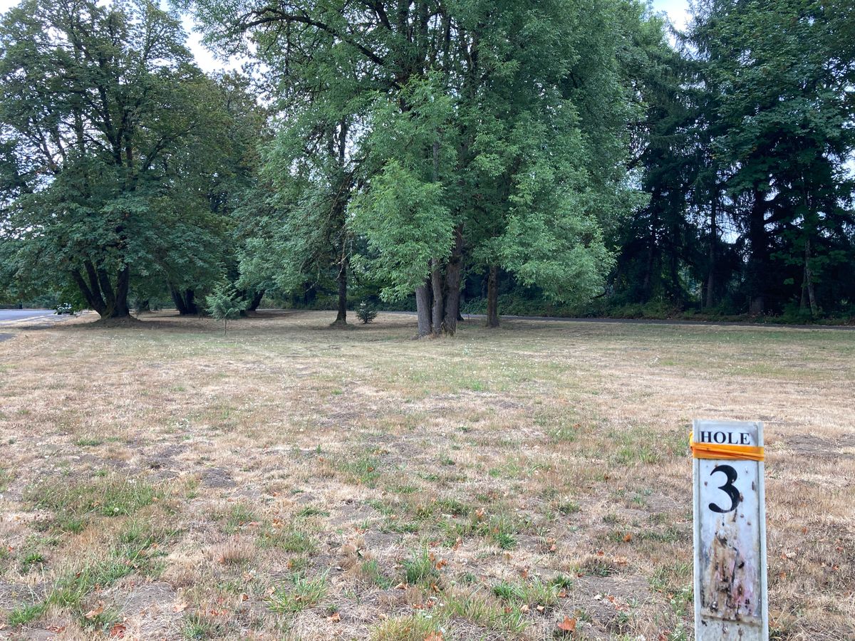 Hole three actually has a sign and you can see the basket tucked behind the trees.