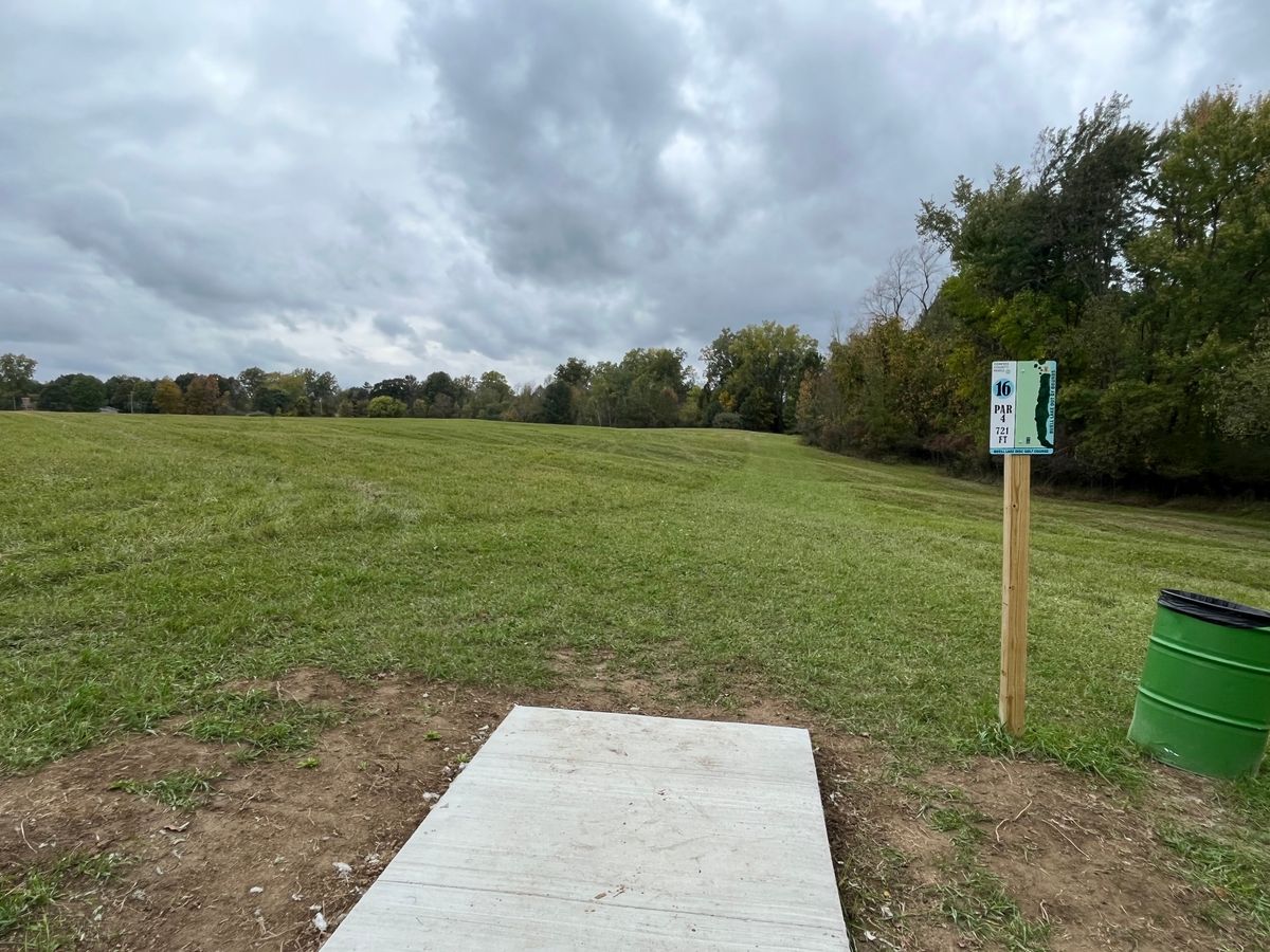 Hole 16 Par 4. Throw as far as you can 1 or 2 times and tight wooded down hill approach
