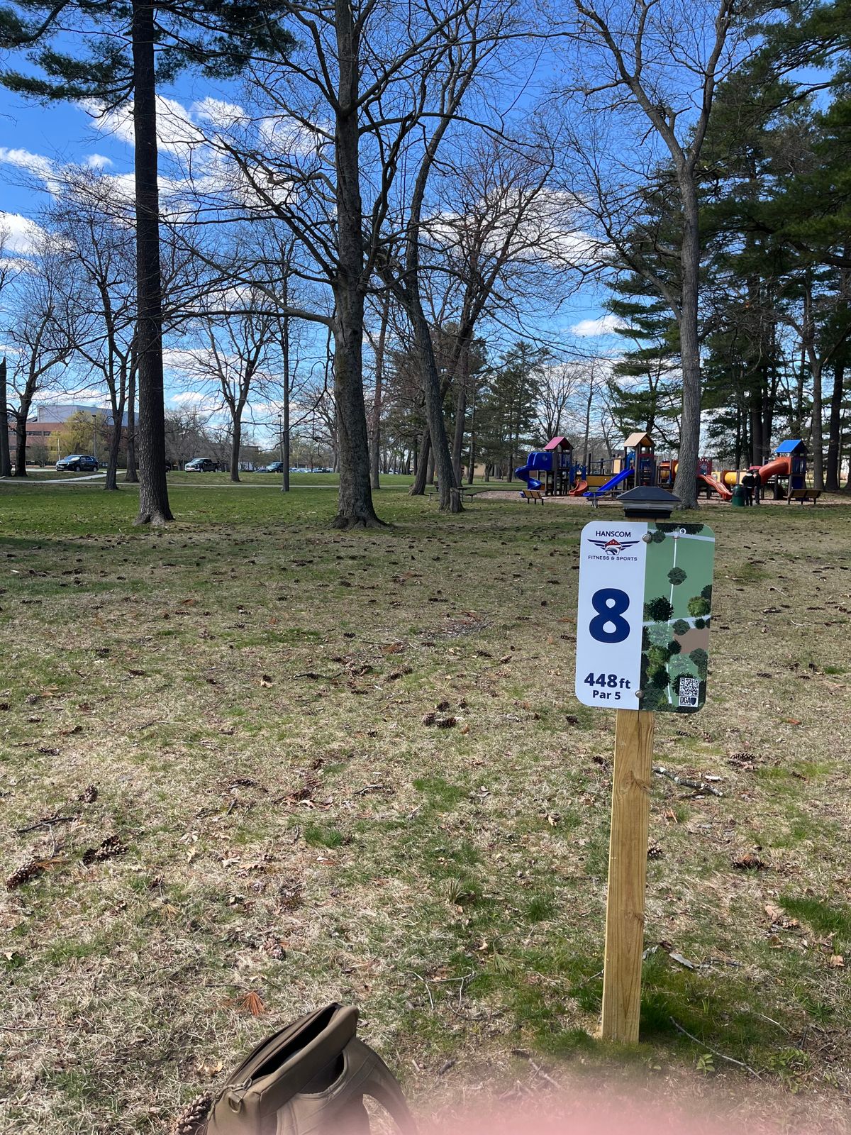 Hole 8, play are to the right, parking lot left/long landing zone. Road long after basket.
