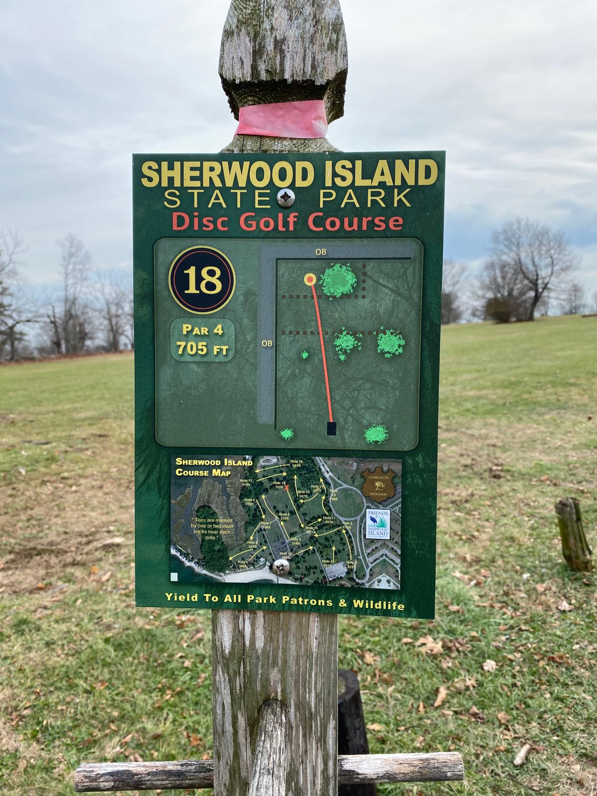 Original 18th tee; basket has been removed. Consider using as 8th tee towards old #4 basket at top of hill. Little overview map shows old layout (was inaccurate on holes 1 and 2).