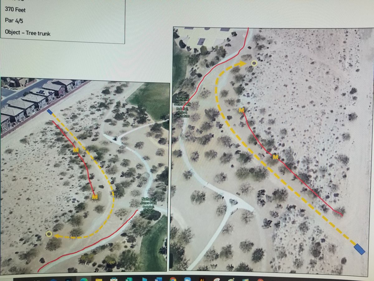 Hole 8 follows the walking path fairway. Open desert on right is OB. Concrete path long is OB. Corner Mando forces you down the narrow fairw