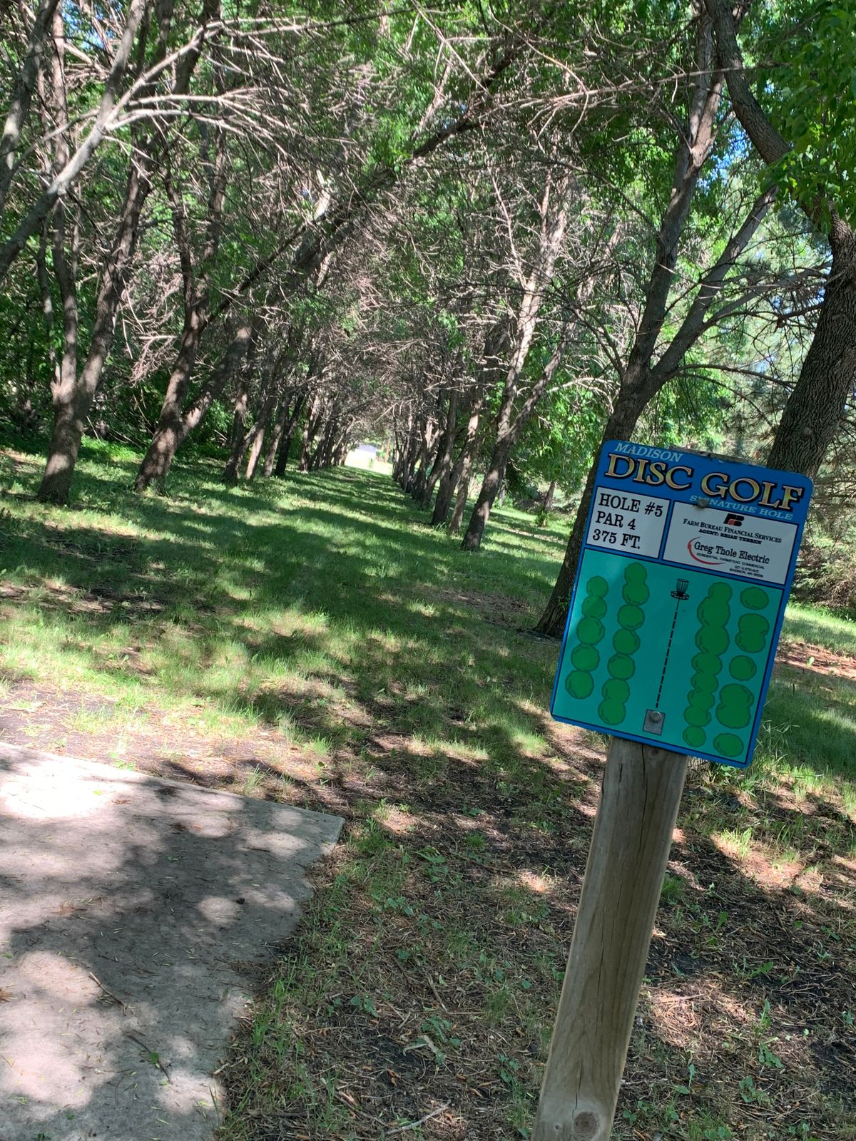 View of hole 5 tee pad & sign. Narrow tunnel shot. Fun throw.
