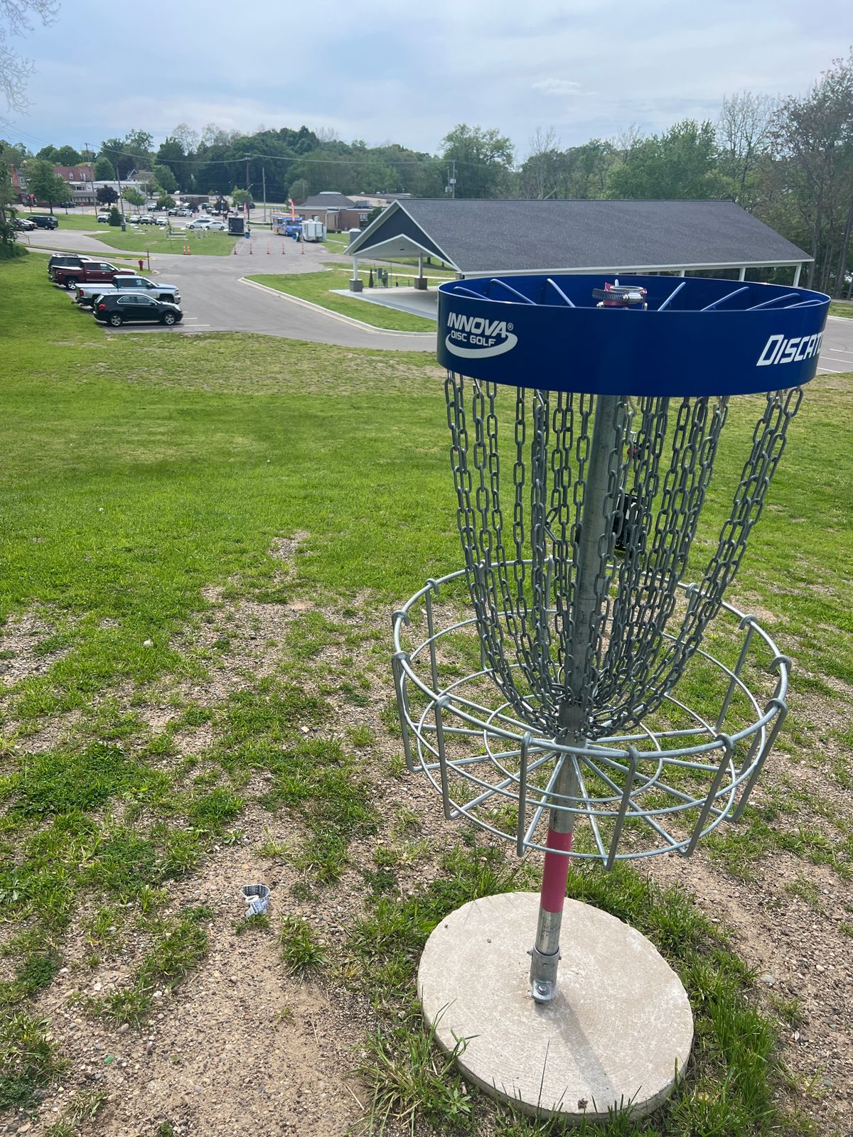 Hole 1 Basket - looking back toward the tee pad, nice view of the park from up here