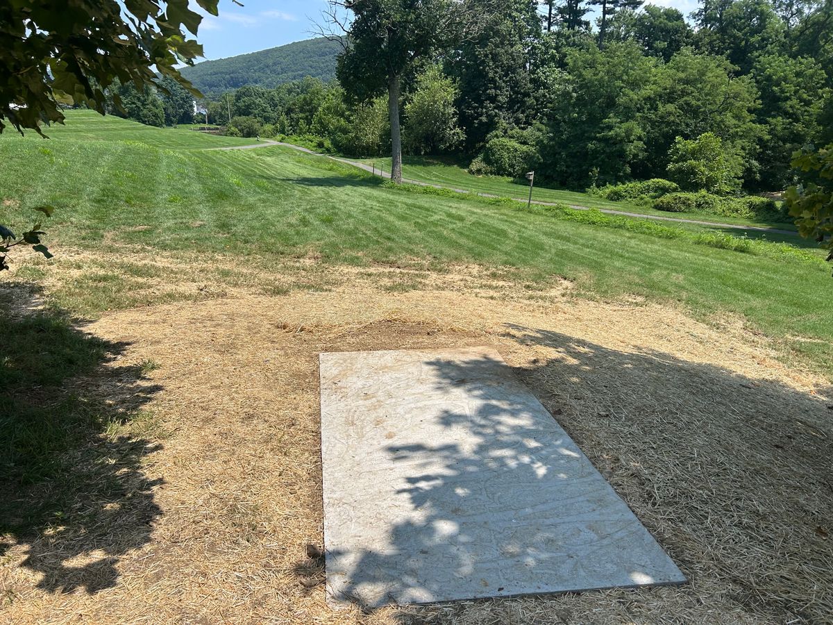 A look from the new concrete tee pad for hole #5 (further up the hill than the old location)