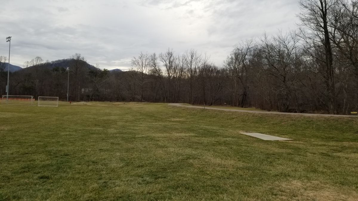 Hole #1. Watch for walkers and soccer players.