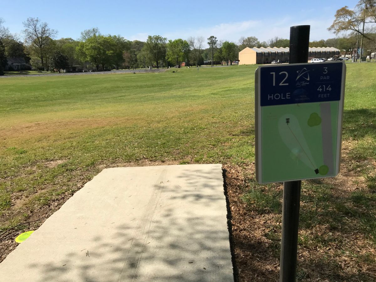 No. 12 tee box looking at basket straight ahead.