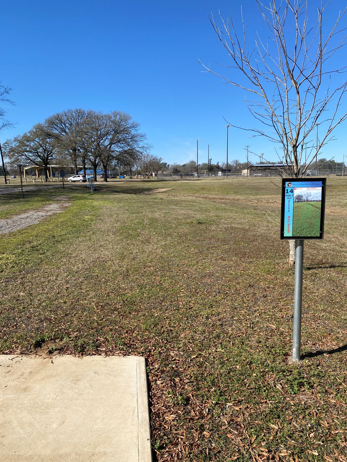 Hole 14, 263ft, OB ball field, road and beyond
