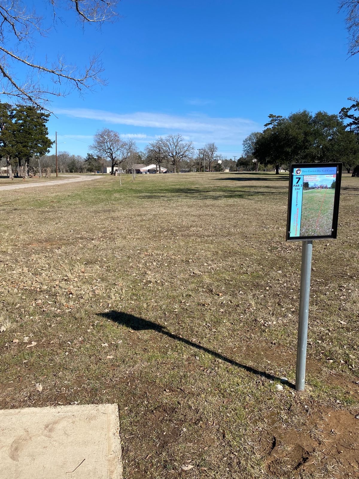 Hole 7, 334ft, OB road and beyond, and OB basketball court