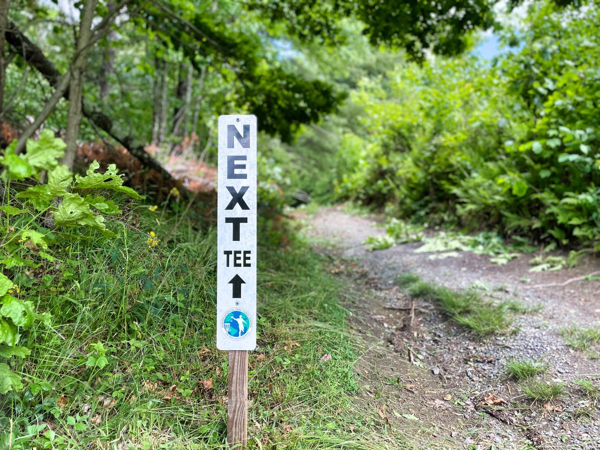 Next tee sign orginally from WR Jackson at the International Disc Golf Center