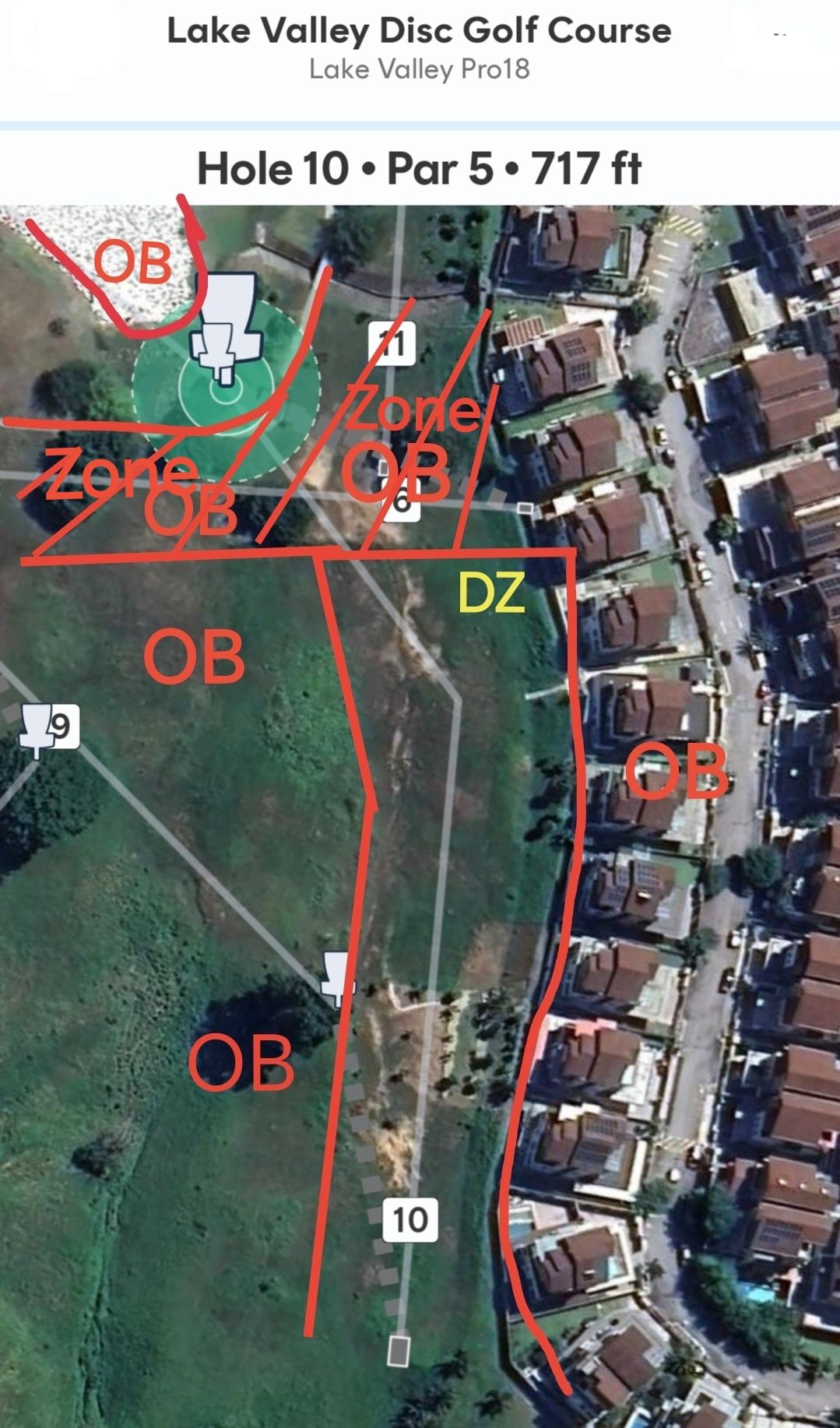 OB right, left and centre on fairway are OB (marked with sticks).
Player must throws the disc across the 'OB-Zone' to reach the green area. Disc landed on 'OB-Zone will proceed to Drop-zone. Path before green area and water behind green area are OB. OB long in water will throw from exist lie. 