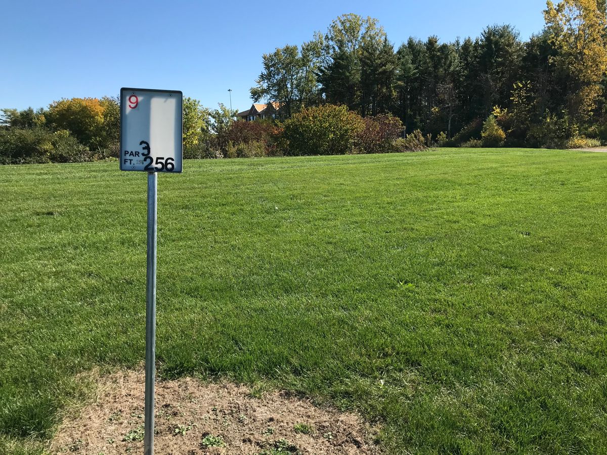 Hole 9. Over the lake to the East. Dog leg.