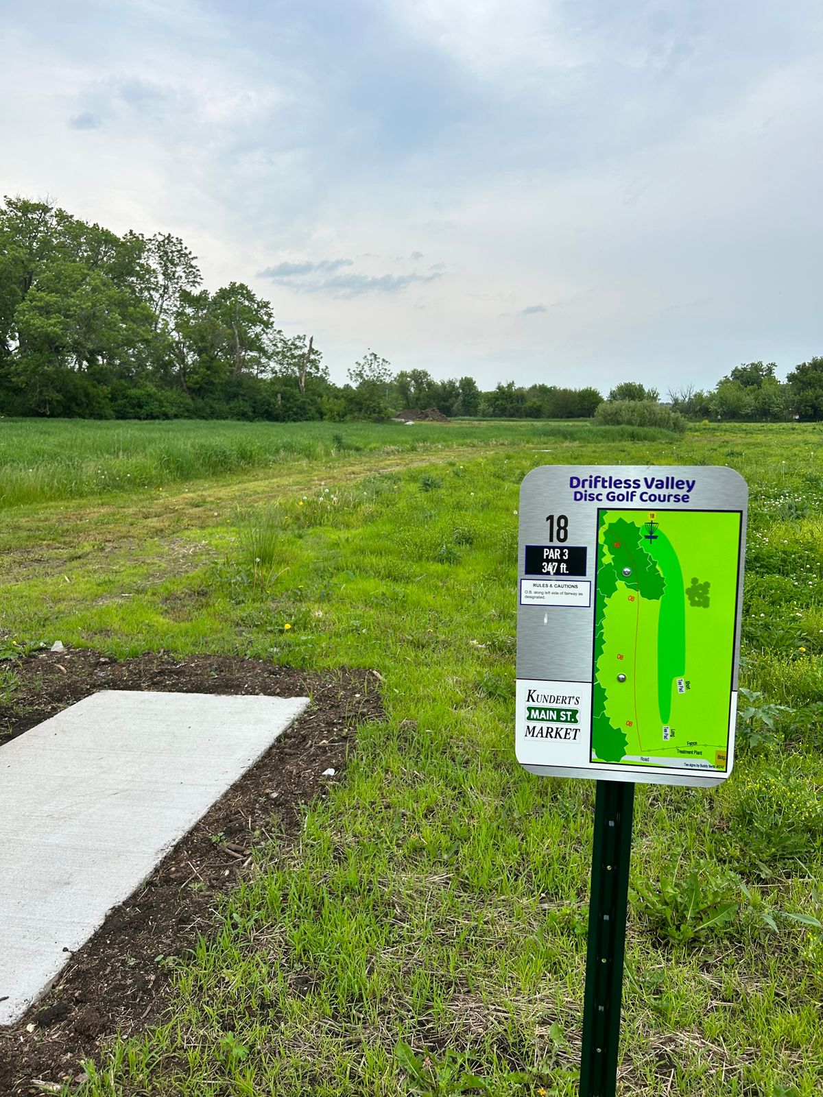 Hole 18-OB on left to hidden basket behind tree line. Long and short tee pads. Basket is on a mound.