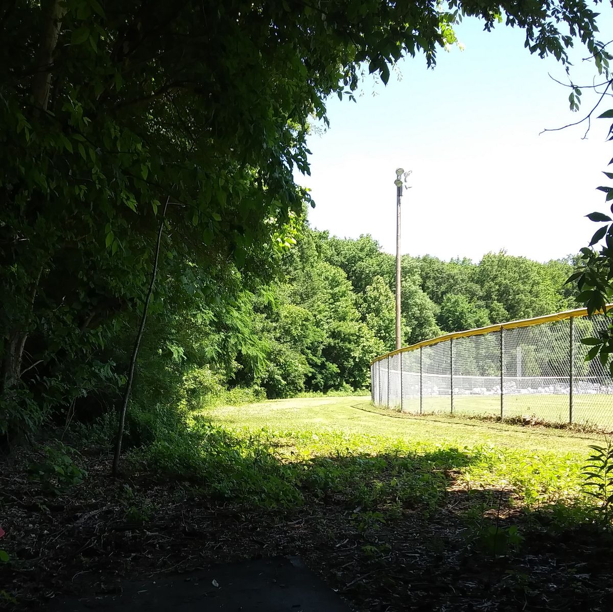 Hole 9's basket is to the right past the light pole in a clearing out side of the ball field. Hole 9 is the mirror image of hole 6.