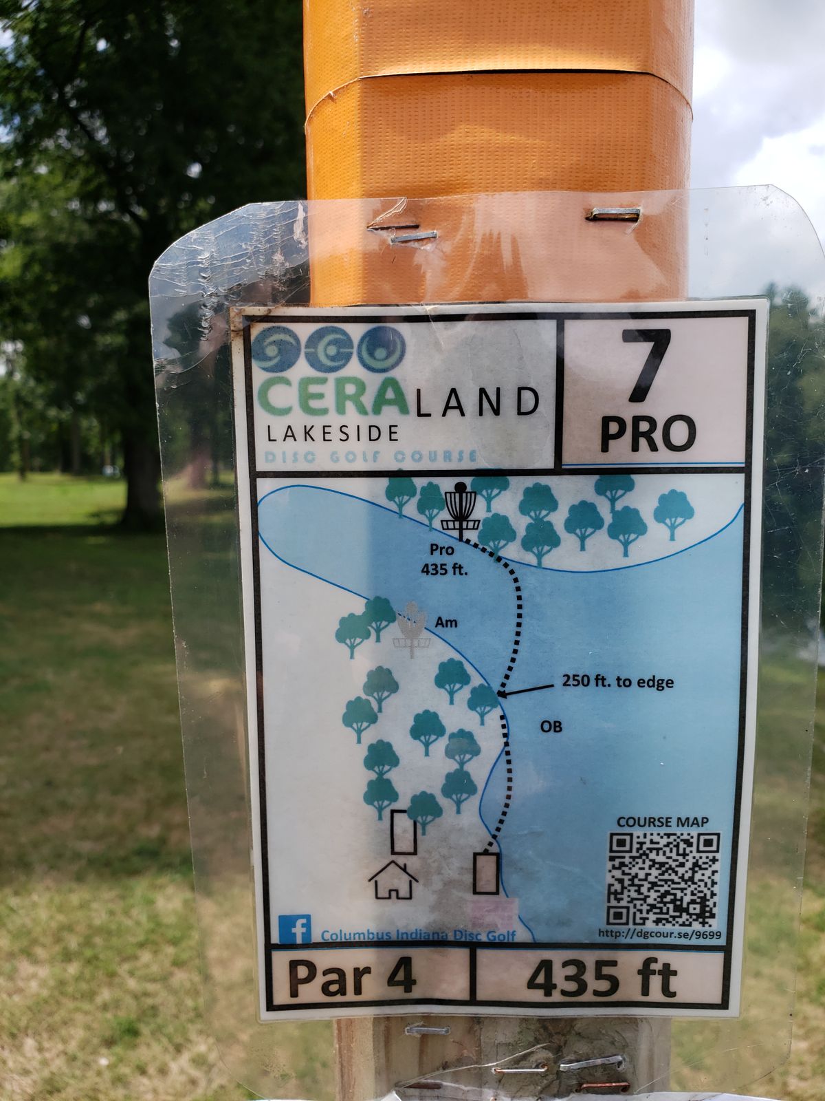 #7 Pro Tee shot Sign.  Bring your floater discs for this over-the-lake shot.