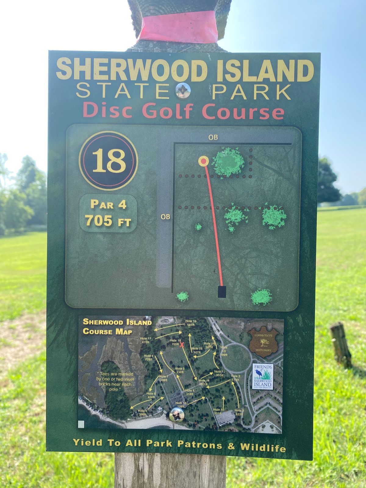 Original 18th tee; basket has been removed. Consider using as 8th tee towards old #4 basket at top of hill. Little overview map shows old layout (was inaccurate on holes 1 and 2).