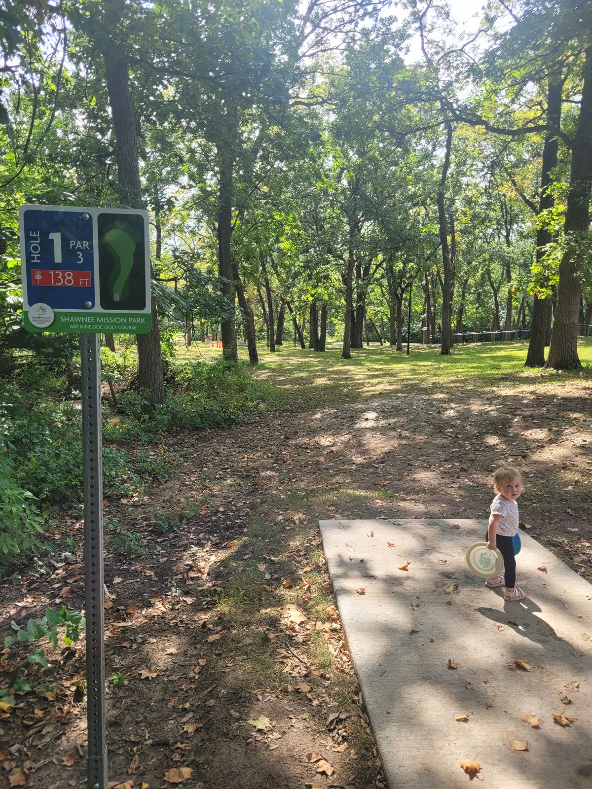 Hole 1 - basket behind tree on left. Slight hyzer.