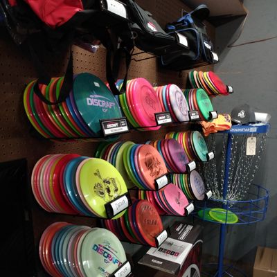 Lots of discs available And some other things like discs or stickers. Water bottles and towels
