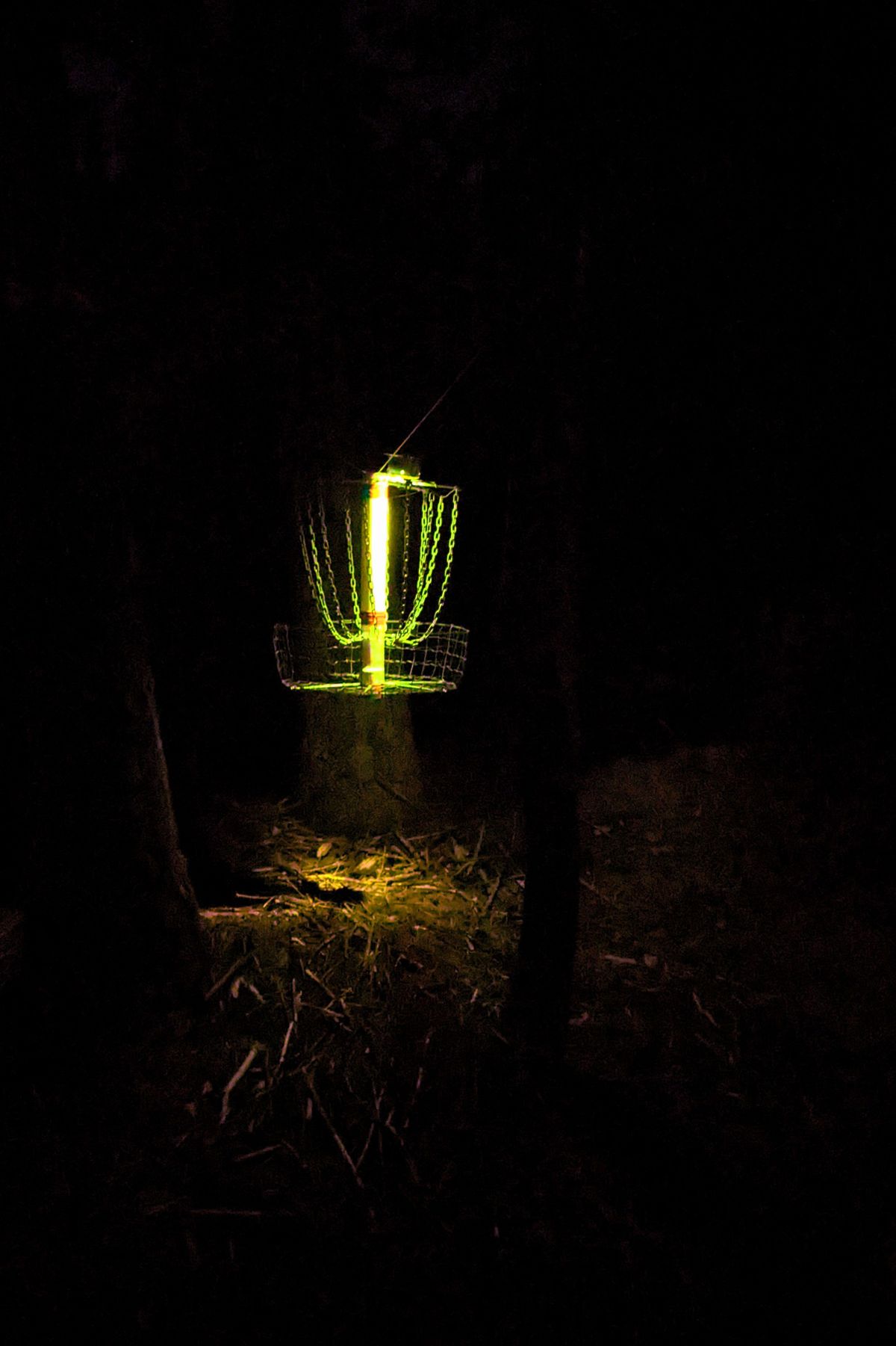Night shot of the hanging DIY basket on Hole 6 of the GLOW layout
