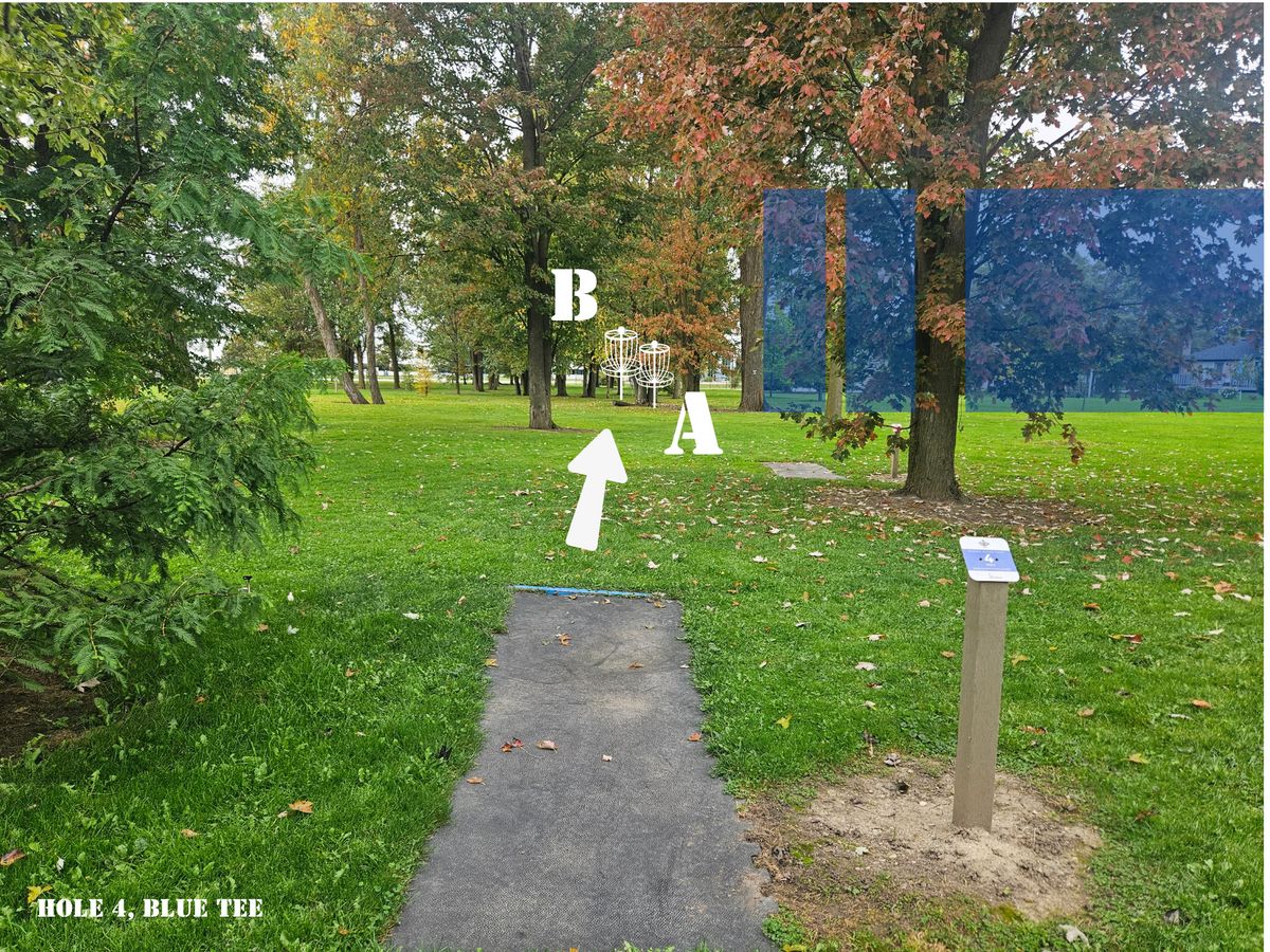 Hole 4 Blue Tee, sign indicates Mando tree. Drop zone marked by teal bar.