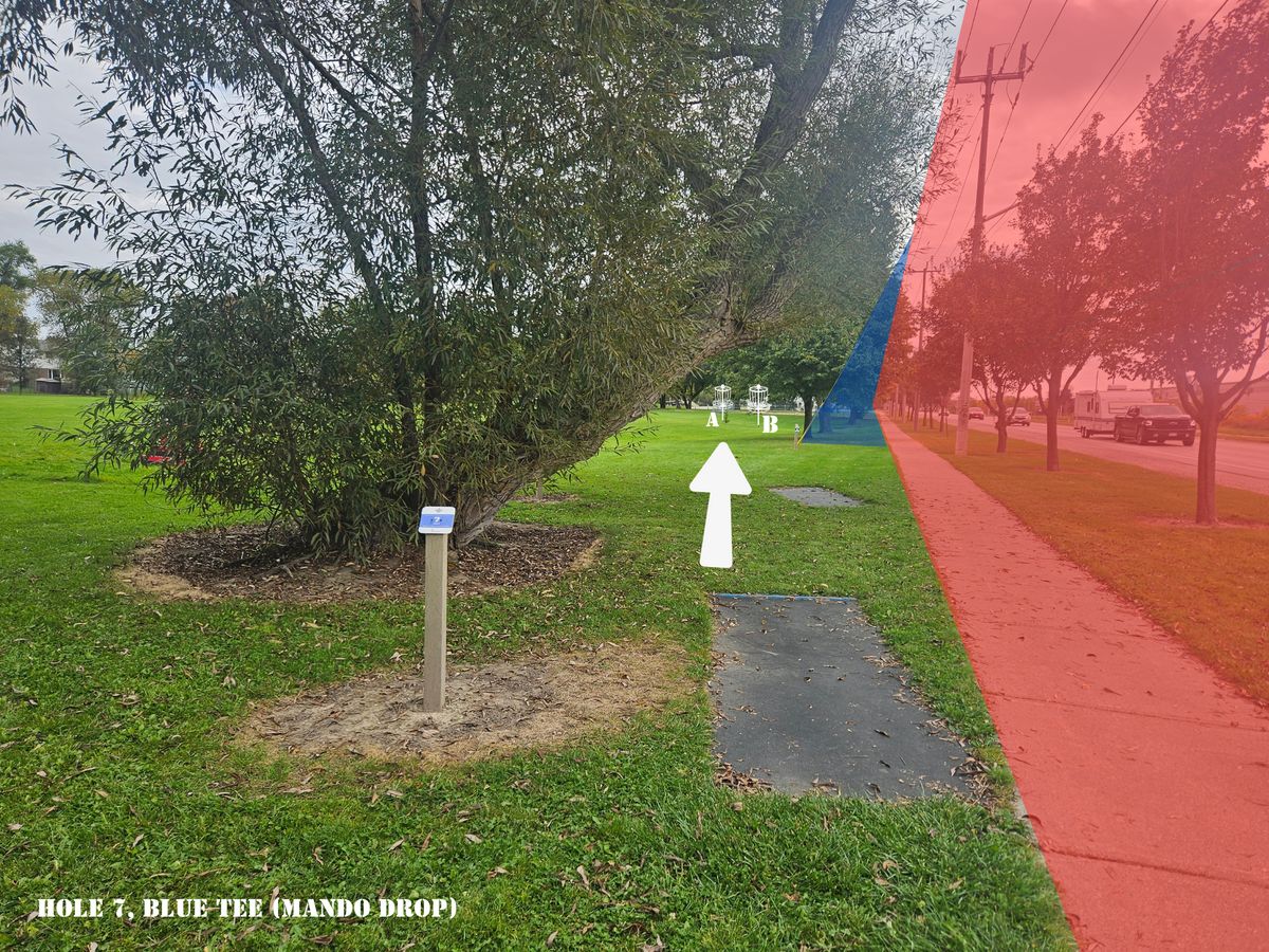 Hole 7 Blue Tee, Mando is left of guide wire re-tee at Red Tee if missed.