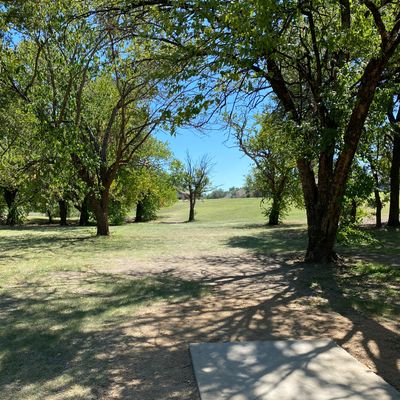 Hole 16’s tee pad. The basket is midway up the hill in the distance, left of that center tree.