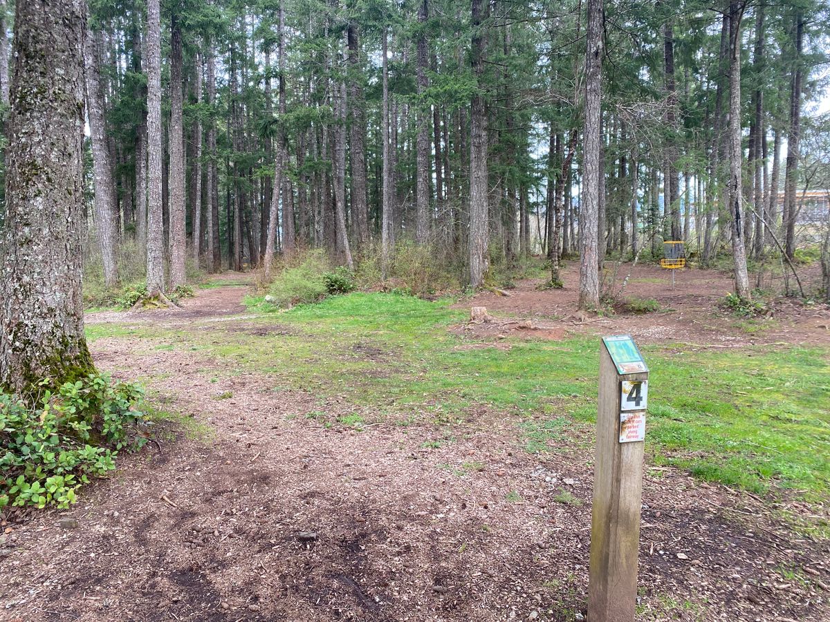 Hole 4 tee with hole 5 basket in background
