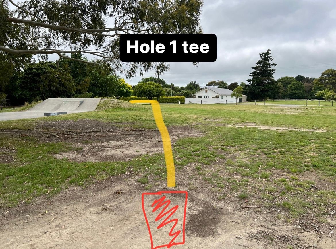 Hole 1 tee

To the right of Skate Park, between two big trees. 

Also the tee for Hole 10
