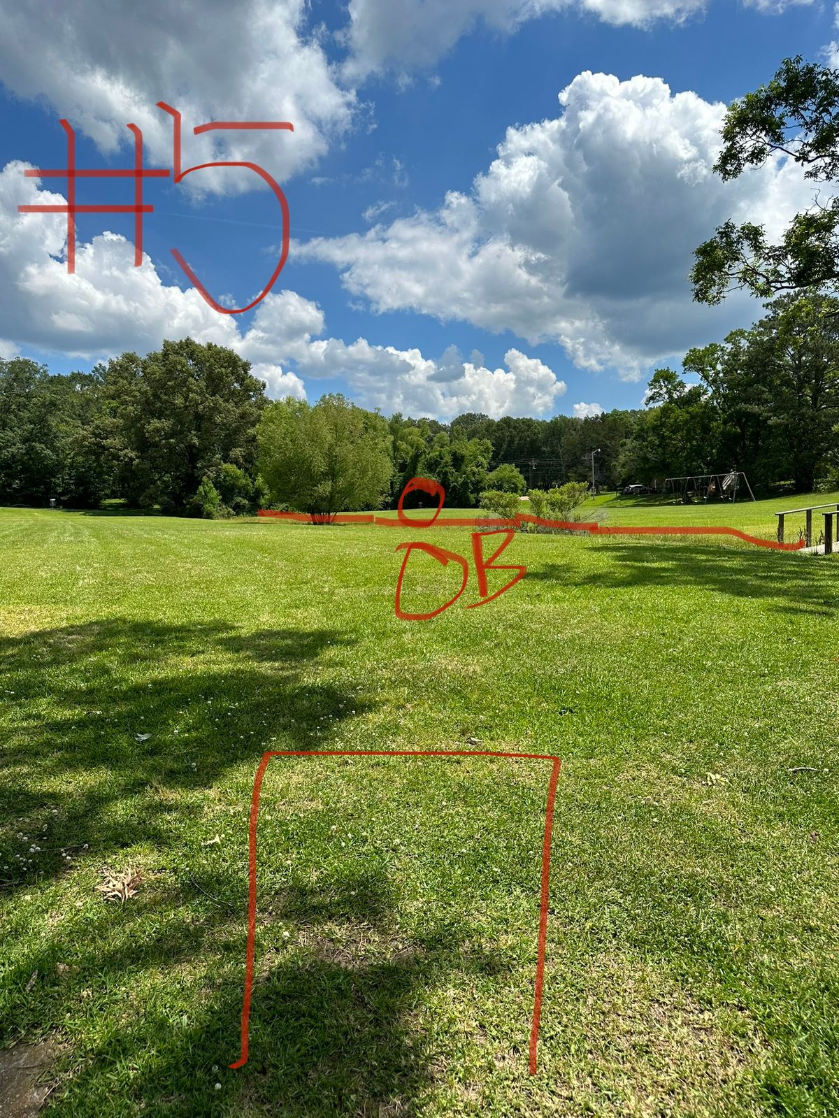 Advanced- Must cross ditch into right field. Left of ditch OB.