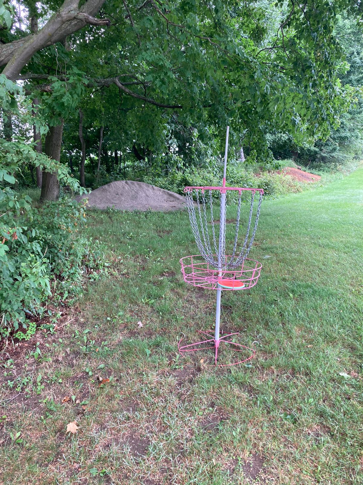 Two of the baskets on the course are older models. This is the basket on hole 2.