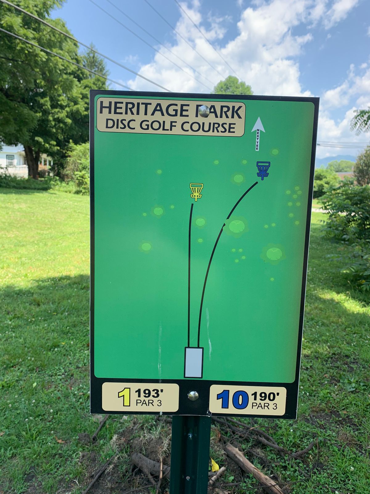 New signs are up showing the front 9 baskets in yellow and the back 9 baskets in blue
