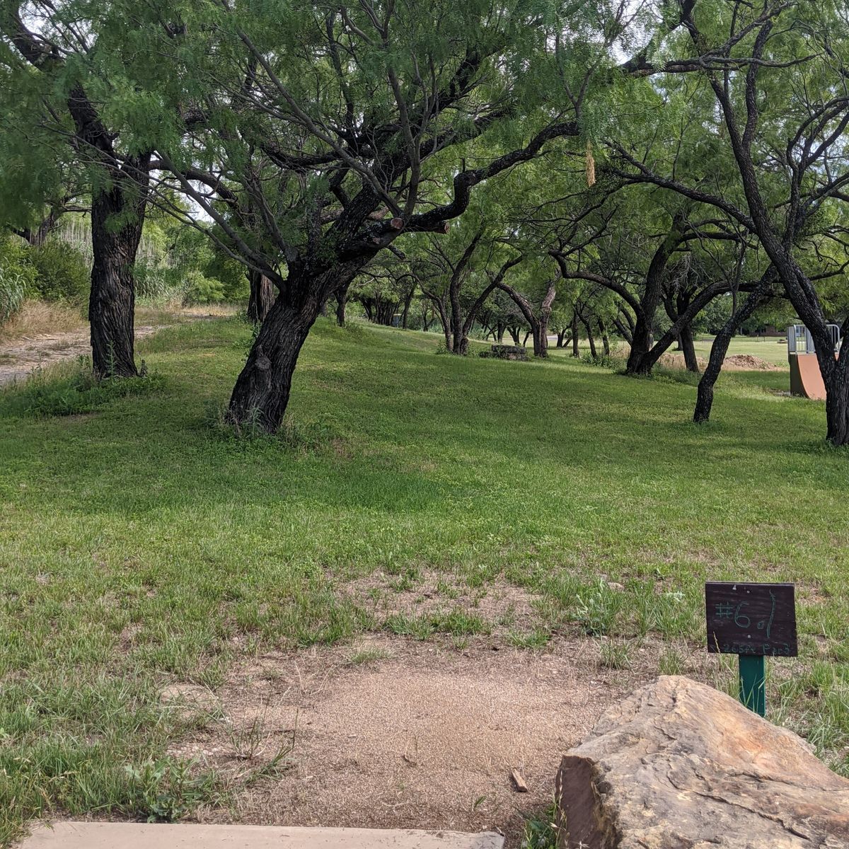 Hole 6 from tee to basket. There is a mando on a tree to the far right (not pictured) but it should only come into play on hole 15.