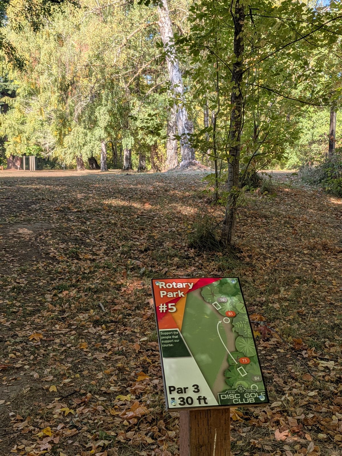 Sign 5.  Currently inaccurate as we will move teebox back and basket to visible stump once city finishes tree removal in area. Still generally accurate.