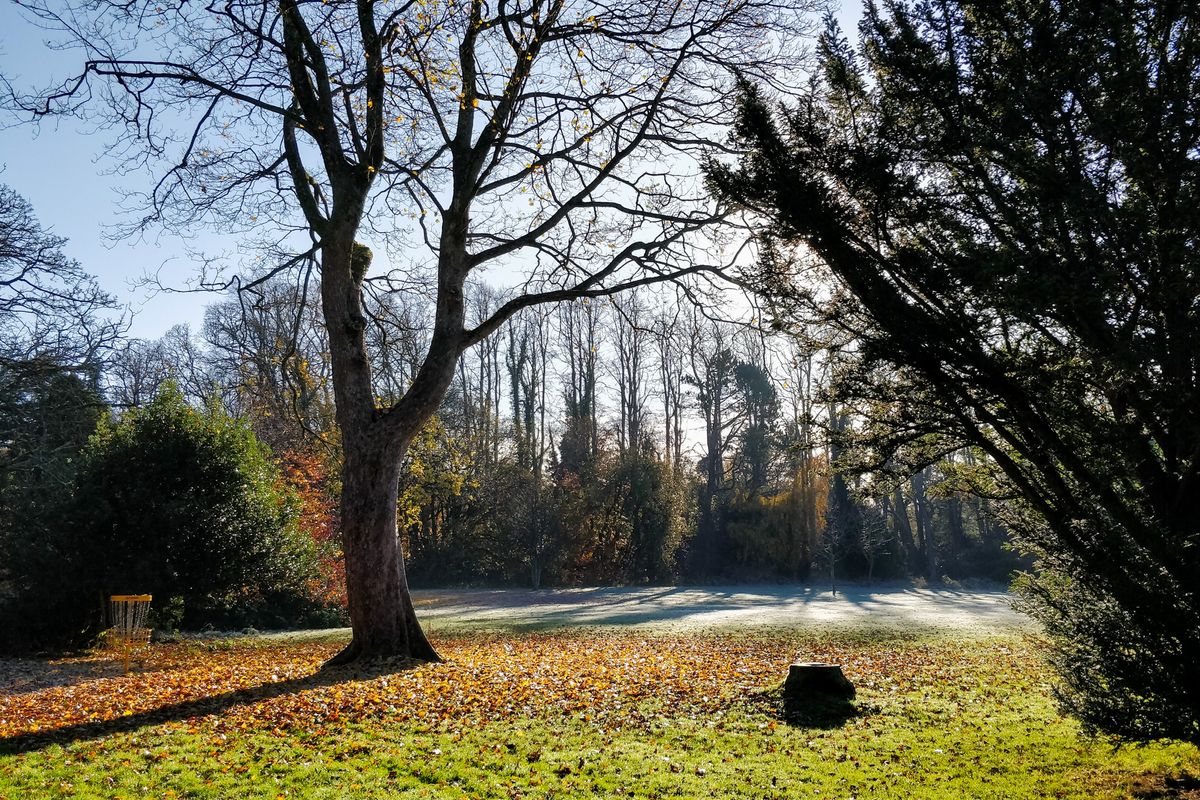 A fresh winters day looking from the 4th tee, with  the basket for hole 3 on the left.
