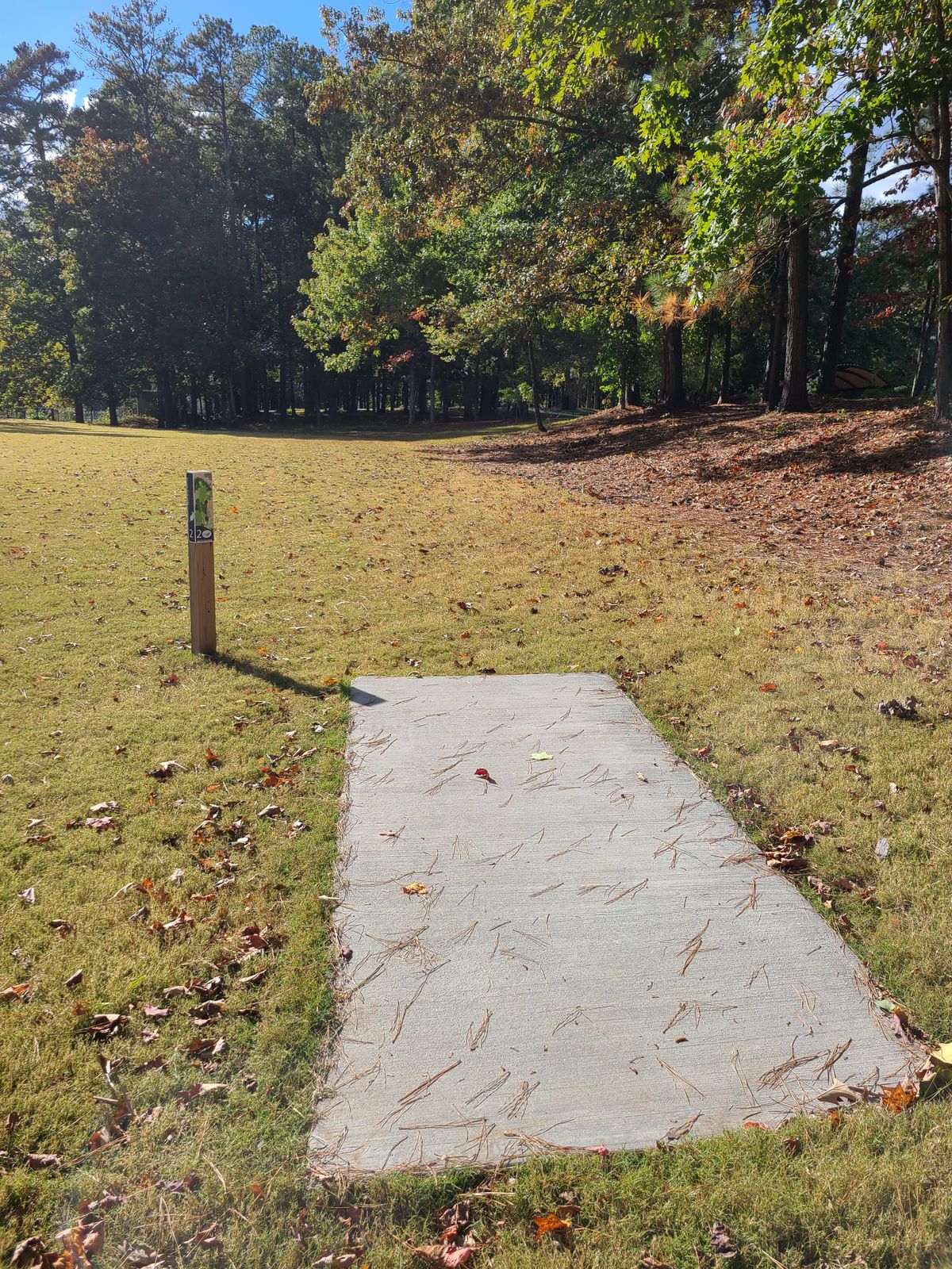 The tee for hole 2,...the baskets are through those trees & around to the right, but if you swing right first, you land in the amphitheatre