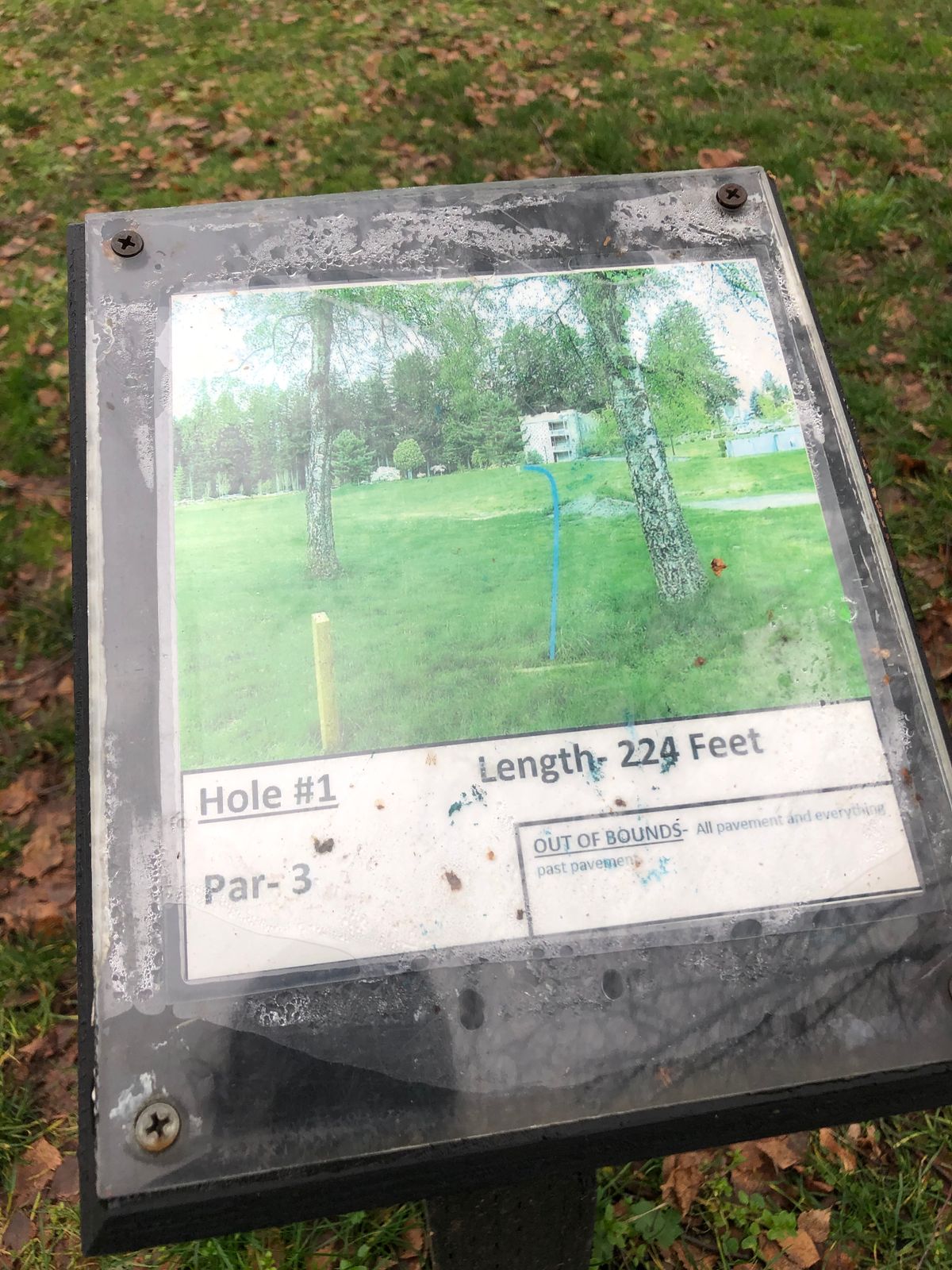 Signs have a photo of the hole with basket location.
