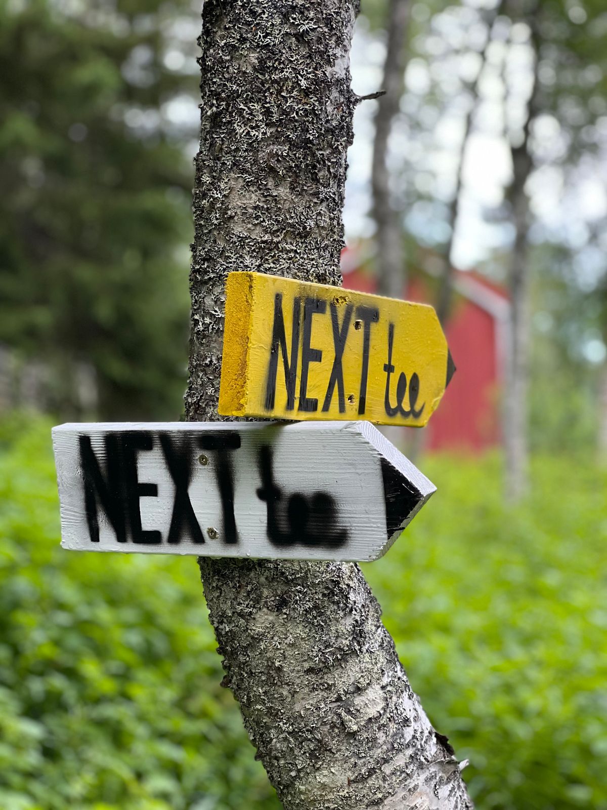 «Next tee» skilt som viser vei til neste tee for gul og hvit layout