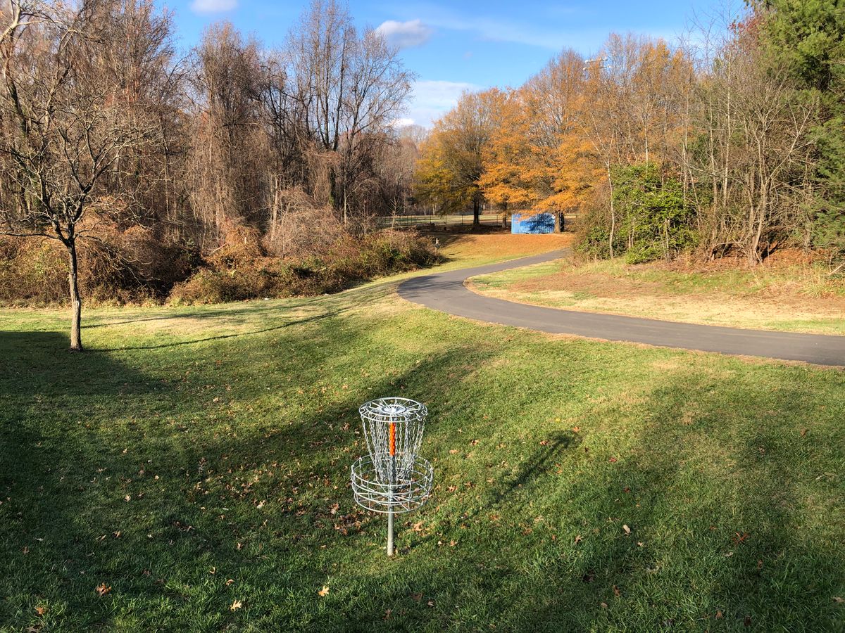 Hole 18 basket (looking back toward tee; OB path surrounds green left, right, and long)